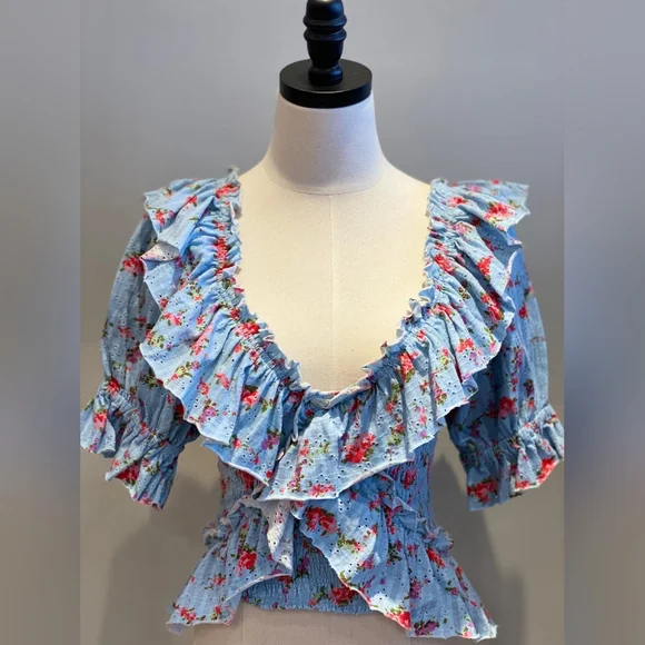 Free People Blue and White Floral Ruffled Blouse - Picture 2 of 5
